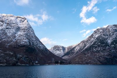 Scenic view of lake and mountains against sky