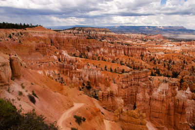 Scenic view of rock formations against cloudy sky