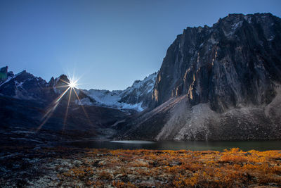 Panoramic view of rocky mountains against clear sky