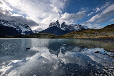 Scenic view of lake by snowcapped mountains against sky