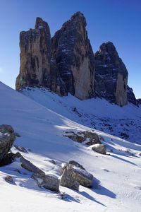Scenic view of snowcapped mountains against clear sky
