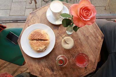 High angle view of food served on table