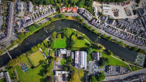 High angle view of street amidst buildings in city