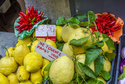 Close-up of various fruits for sale at market stall