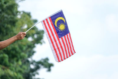 Cropped hands holding malaysian flag against trees