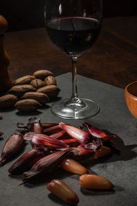 Close-up of wine glasses on table