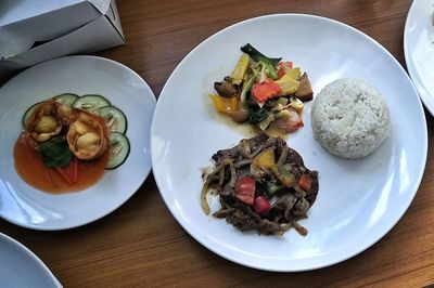 High angle view of food served on table