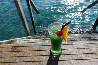 High angle view of drink on table