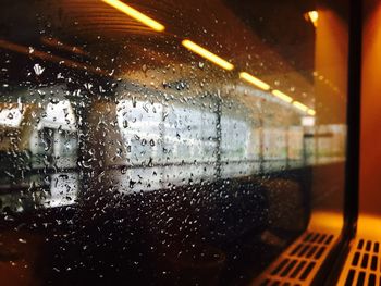 Close-up of wet window in train