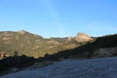 Scenic view of mountains against blue sky