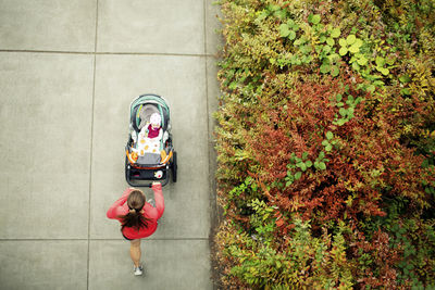 Overhead view of woman running while holding baby stroller in park