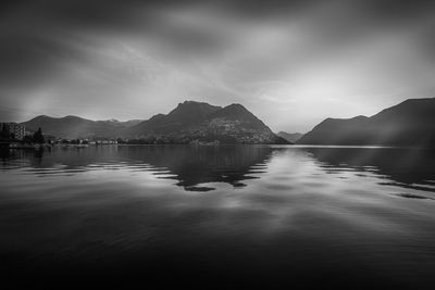 Scenic view of lake against sky during sunset