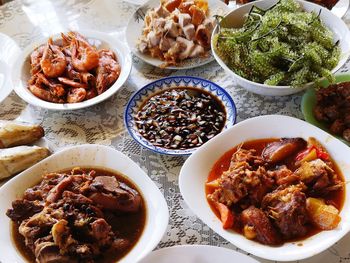 High angle view of food served on table