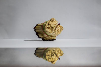 High angle view of coconut on table against white background