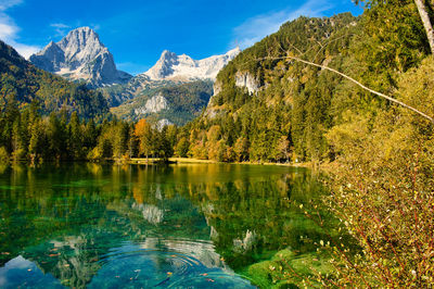 Scenic view of lake and mountains against sky