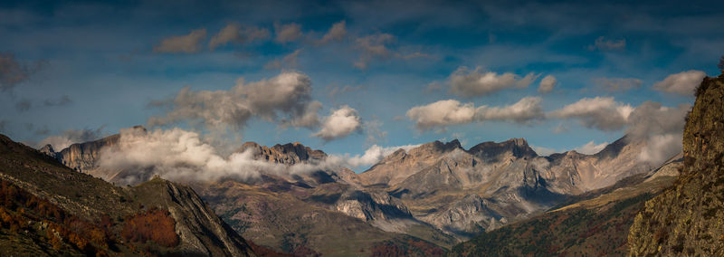 Panoramic view of snowcapped mountains against sky