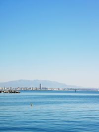 Scenic view of sea against clear blue sky