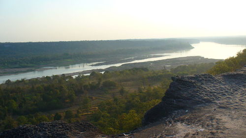 High angle view of calm sea against clear sky