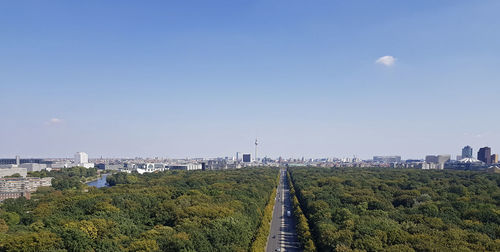 Panoramic shot of city buildings against blue sky