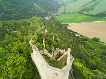 High angle view to a castle ruin in the wood