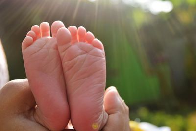 Cropped hand of person holding baby feet outdoors