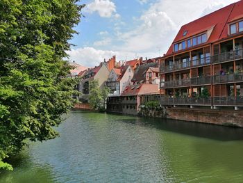 Scenic view of river by buildings against sky