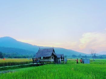 Houses on field against sky