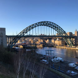 Bridge over river against clear blue sky