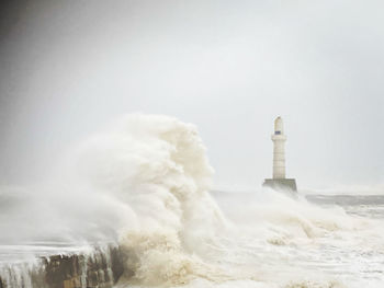 Stormy sea and waves off aberdeen at torry battery 