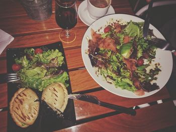 High angle view of meal served on table