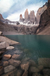 Scenic view of lake and mountains against sky