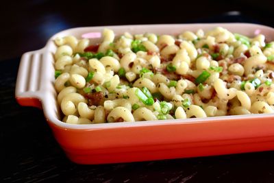 Close-up of pasta in tiffin box