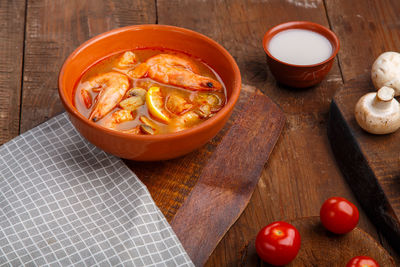 High angle view of soup in bowl on table