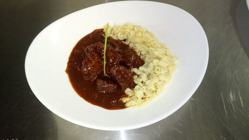 High angle view of meal served on table