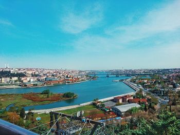 High angle view of townscape by river against sky