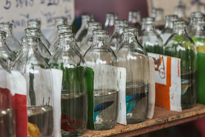 Close-up of wine bottles