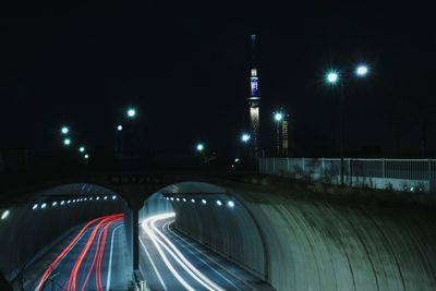 Light trails on road at night