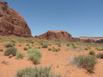 Scenic view of rock formations on landscape against clear sky