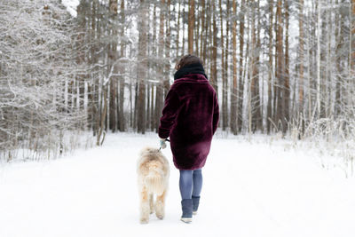 Rear view of woman with dog on snow