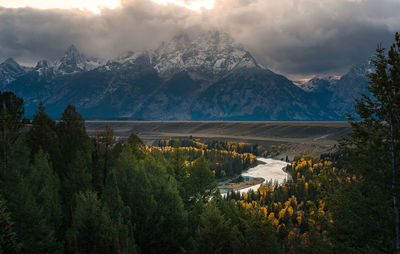 Scenic view of mountains against sky during sunset