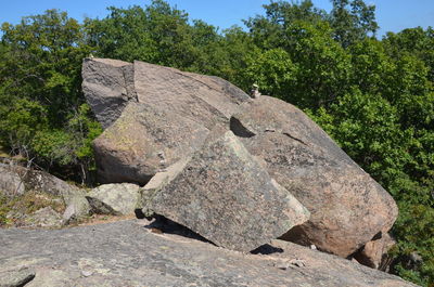 Rocks by trees against sky