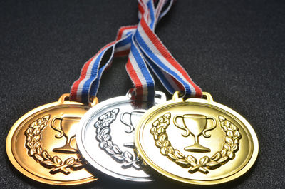 High angle view of medal on table