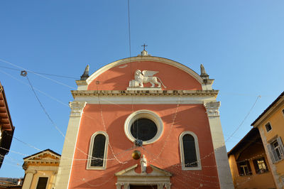 Low angle view of cathedral against clear blue sky