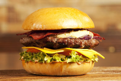 Close-up of burger on table