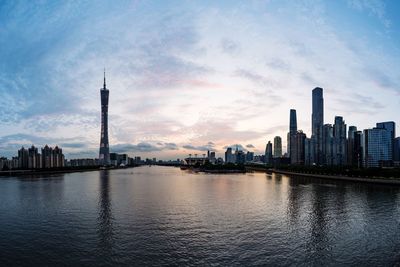 View of buildings in city against cloudy sky