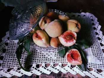 High angle view of fruits in basket on table