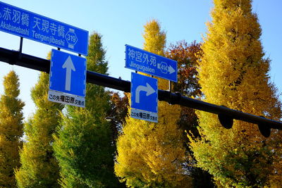 Low angle view of road sign against blue sky