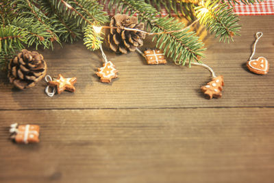 High angle view of christmas decorations on table