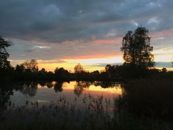 Silhouette trees by lake against sky during sunset