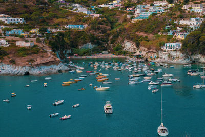 High angle view of boats moored in harbor